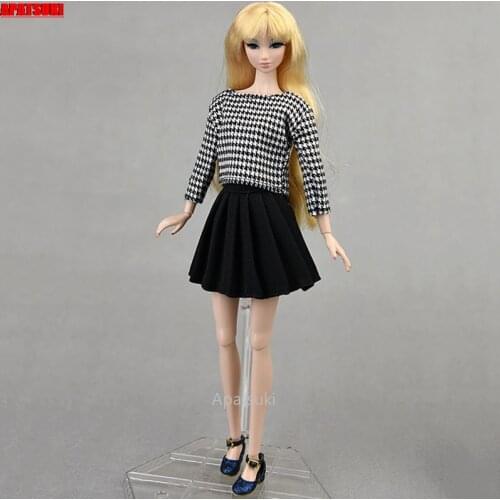 Black Fashion Clothes Set for Barbie Doll Outfits Houndstooth Pattern Shirt Blouse Pleated Skirt for 1/6 BJD Dolls Accessories