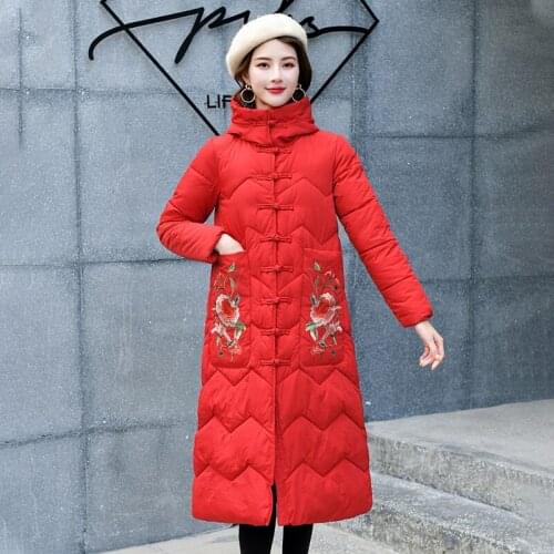 2020 Chinese Style Women Winter X-Long Jacket Stand Collar Hooded Embroidery Oversized Female Thick Coat Big Pockets Retro parka