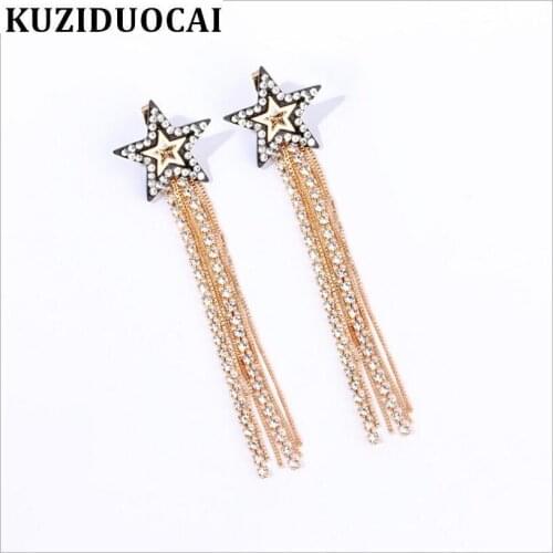 Kuziduocai New ! Fashion Fine Jewelry 2.2*8.6 cm Copper Rhinestones Star Chain Tassel Stud Earrings For Women Girls Gifts E-276