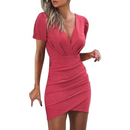 Summer Sexy V-Neck Folds Women Bandage Dress 2021 Short Sleeve Pencil Mini Bodycon Dress Vestidos