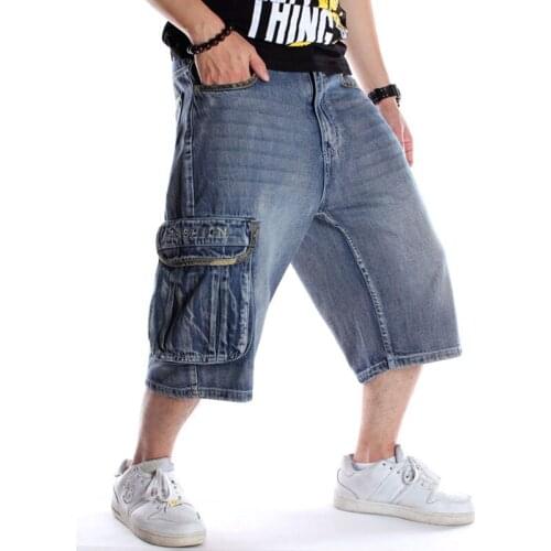 Mcikkny Men Cargo Hip Hop Denim Shorts Multi Pockets Skateboard Loose Jeans Shorts For Male Plus Size 30-44