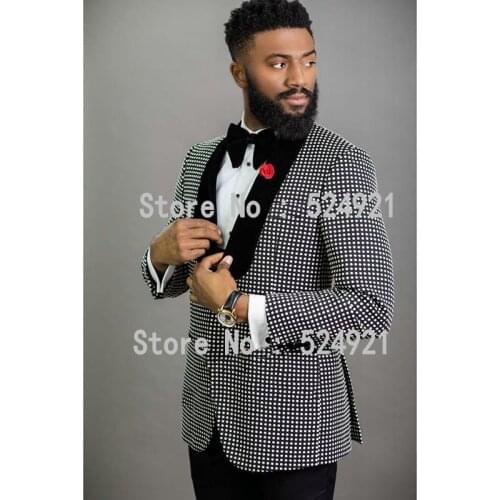 Custom Made Men Suits White Dot Groom Tuxedos Shawl Black Velvet Lapel Groomsmen Wedding Best Man ( Jacket+Pants+Tie ) C738