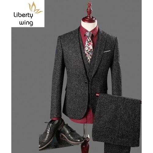 New 3 Slim Fit tweed Piece Casual Wedding Dress Blazer Male One Button Gray Suit Men Clothing (Jacket+Pant+Vest)
