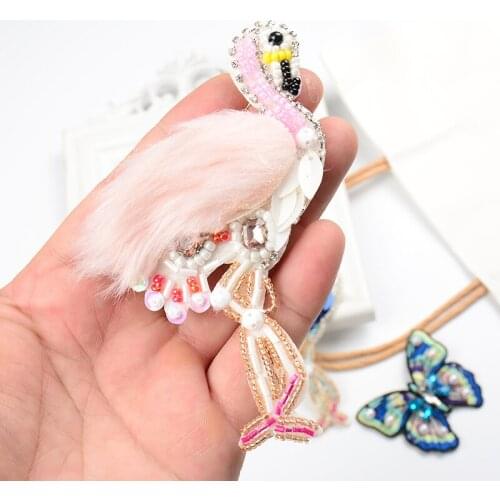 Plush Rhinestone Flamingo Beaded Patch for Clothing Sewing on Beading Appliques Clothes Shoes DIY Animal Craft Patches