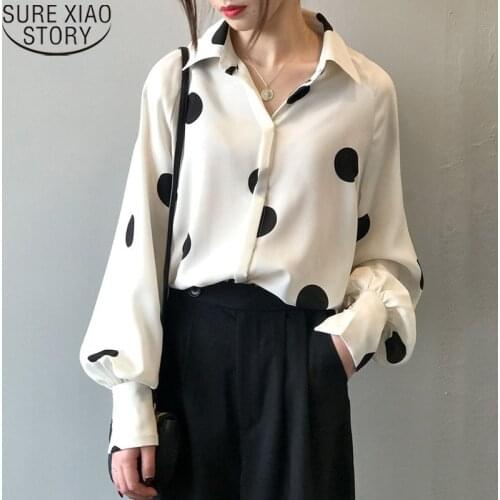 2021 New Spring Fashion Polka Dot Chiffon Shirt Women Tops Vintage Long Sleeve Shirt Lantern Sleeve Korean Loose Blusas 13442