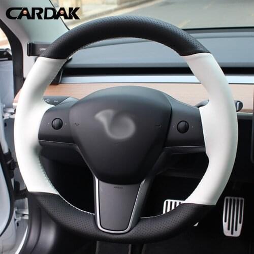 CARDAK Perforated Black Artificial Leather White Car Steering Wheel Cover For Tesla Model 3 2017 2018 2019 Car Accessories
