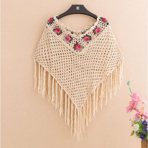 Spring and Autumn Womens New Temperament Casual Round Neck Shawl Knitted Tassel Handmade Crochet Hollow Retro Top