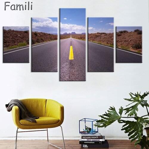 Modern Canvas Posters Home Decor Wall Art Pictures 5 Pieces Sunset Dusk Highway Landscape Paintings Living Room HD Printed Photo