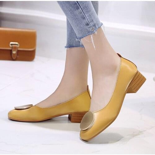 Women Pumps Low Heels wedding shoes basic Boat Shoes Slip on Chunky Heels Round Toe Shoes Woman Metal Pumps zapatos mujer 7691L