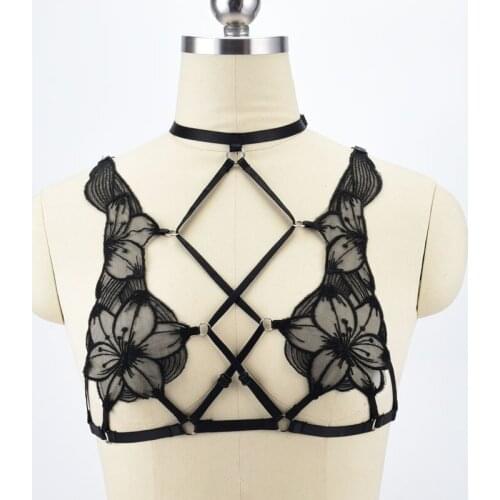 Lace harness Crop Top Cage Bra Women Fetish Wear Bondage Lingerie Body Harness Harajuku Lace Thong pants Open Chest Bra