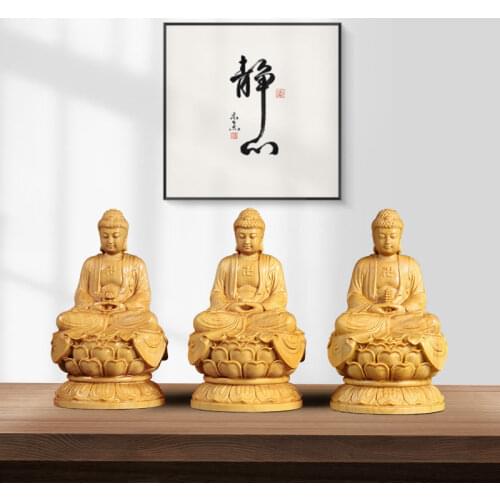 10cm Medicine Buddha Sakyamuni Amitabha Three Buddhas Wood carving Solid wood Ornaments Buddha figures