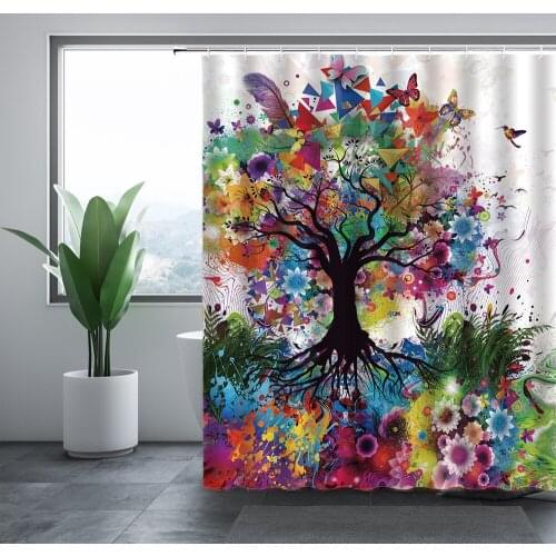 Scenic Forest Shower Curtains Colorful Plant Trees Oil Painting Waterproof Bathroom Bathtub Decor Polyester Cloth Curtain Set