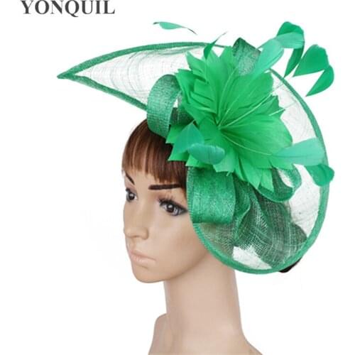 Women Green Sinamay Fascinator Hats With Beautiful Feather Flower Red Black Female Kentucky Derby Church Wedding Party Headbands