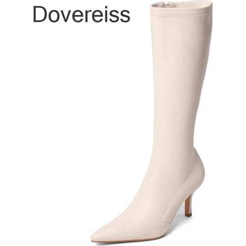 Dovereiss Fashion Womens Shoes Winter New Pointed Toe Stilettos Heels Genuine Leather Concise Knee High Boots Sexy Zipper