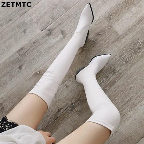 Woman Boots Winter Over The Knee Boots Fashion Elastic Fabric Thigh High Boots Women Pointed Toe Thick High Heels Black Shoes 39