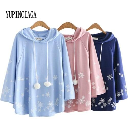 Women Snowflake Print Hooded Sweatshirts Sweet Style Long Sleeve Harajuku Hoodies 2020 Spring Cute Pullover YUPINCIAGA