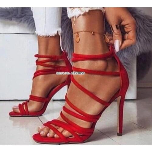 ALMUDENA Young Ladies Red Suede Cross Strappy High Heels Sandals Zipped Covered Heel Thin Strappy Cage Dress Shoes Wedding Pumps