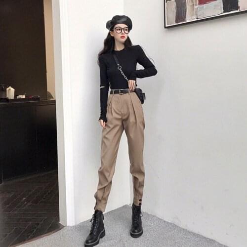 2 Piece Set Pant Women 2020 Spring Black Hole Round Neck T Shirt Crop Tops and High Waist Khaki Overalls Pants Two Piece Outfits