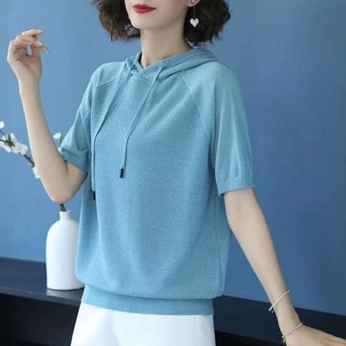 Hooded Summer Pullover Tops Knitted Women Pull Jumper Shirt With Hood Female Short Sleeve Casual Pull Jumpers Femme