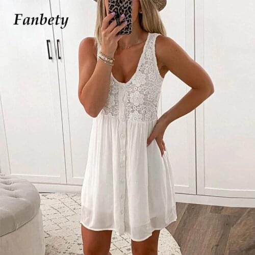 Sexy Embroidered Floral O Neck Party Dress Summer Slim Sleeveless Chic Lace Mini Dress Women Fashion Button Tank Dresses Vestido