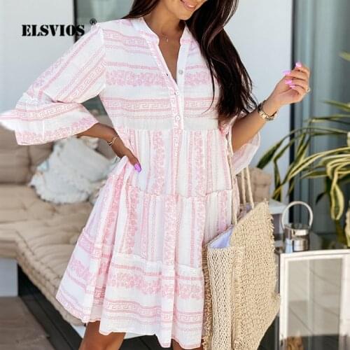 Female Spring Autumn Stripe Printed Dress V-neck Half Sleeve Loose A-line Dress Women Elegant Temperament Party Dresses Vestidos