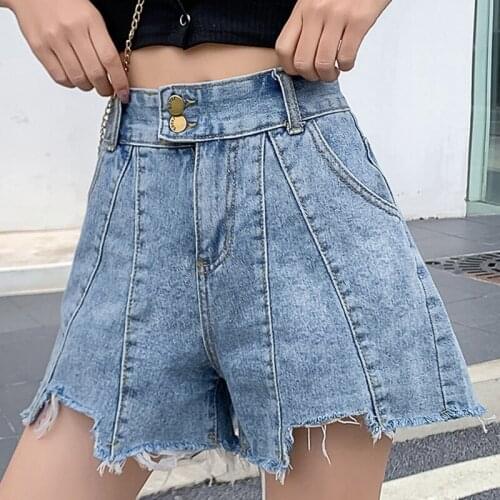Zoki Women Denim Shortss Blue Wide Leg Buttons High Waist Slimming All-match Tassel Shortss Street Wear Fashion Summer New 2021