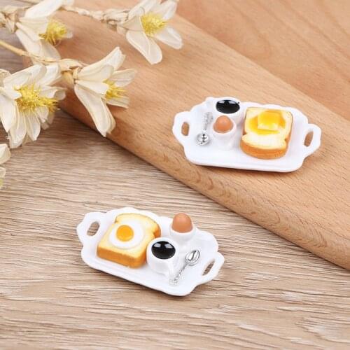 1:12 Miniature Breakfast Set Hamburger Croissant Toast Egg Coffee with Tray Dollhouse Kitchen Food Accessories