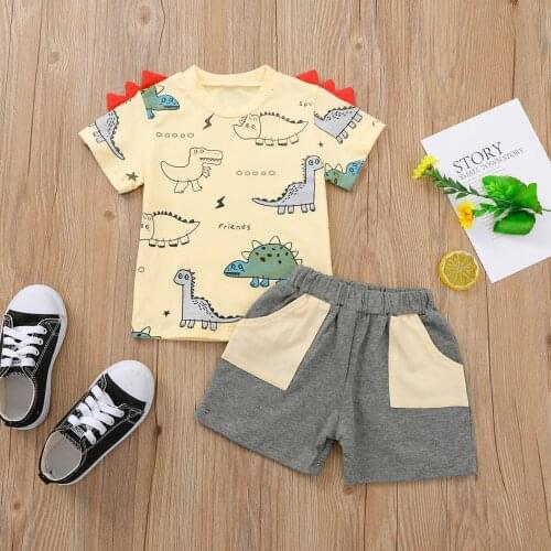 2021 Summer Kids Baby Boys Short Sleeve Dinosaur Print T-shirt +Pocket Shorts Outfits Casual Loose Children Clothes Sets 0-5Y