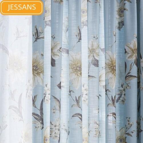 American Curtains For Living Dining Room Bedroom Pastoral Style Blue Printed Fabric Curtains Morden Tulle Customization Curtain