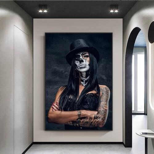 Black Hat Skull Tattoo Sexy Cool Girl Woman Poster Modern Pop Art Canvas Painting Print Pretty Frail Portrait Paintings for Home