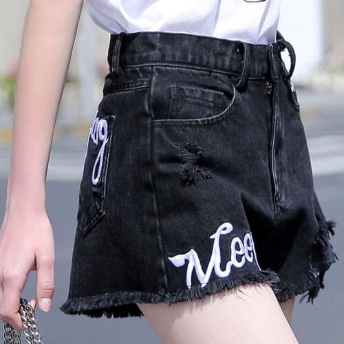 Black Denim Shorts Womens Summer High Waist All-match Loose and Thin Korean Style Ripped Five-point Pants
