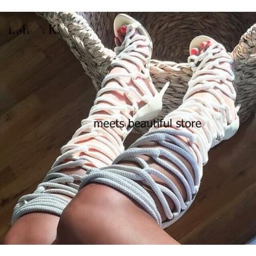 White Black Beige Gladiator Rope Sandals Boots Women Roman Open Toe Cross-tied Knee High Boots Beach High Heel Shoes Woman Botas