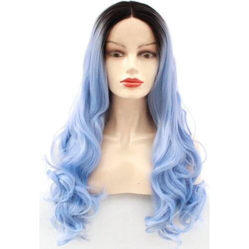 Cheap Synthetic Lace Front Wig African American Body Wavy Wigs For Black Women Ombre Black to Sky Blue Swiss Lace Synthetic Wigs