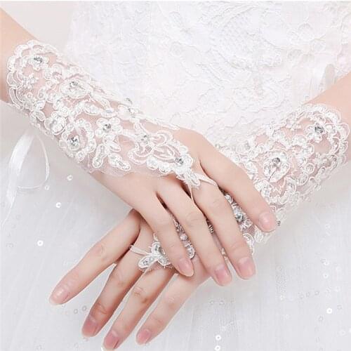 Elegant Wedding Accessories White/Red Bridal Gloves Short Paragraph Rhinestone Fingerless Gloves Lace Gloves for Wedding Party