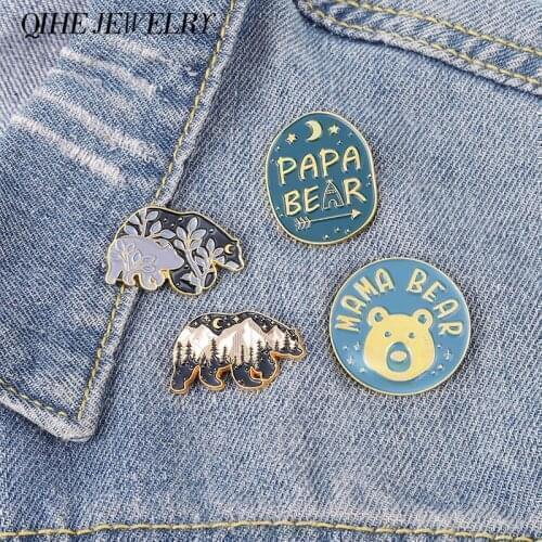 Mama Bear Papa Bear Enamel Pins Mountain Forest Purple Leaf Baby Bears Brooches Gift for Parents Family Jewelry