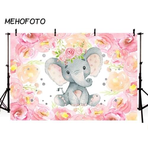 MEHOFOTO Baby Shower Photography Backdrop Cute Elephant Pink Flower Girl Birthday Party Photo Background for Photobooth Studio