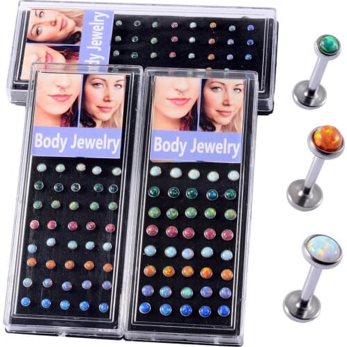 40Pcs/Box Surgical Steel Opal Stone Gem Top Ball Monroe Lip Labret Stud Ring Internally Thread Ear Piercing Body Jewelry 16G