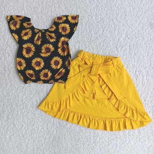 New Style Kids Top And Culottes 2Pieces Set Girls Sunflowers Outfit Fashion Summer Ruffle Dress Suit