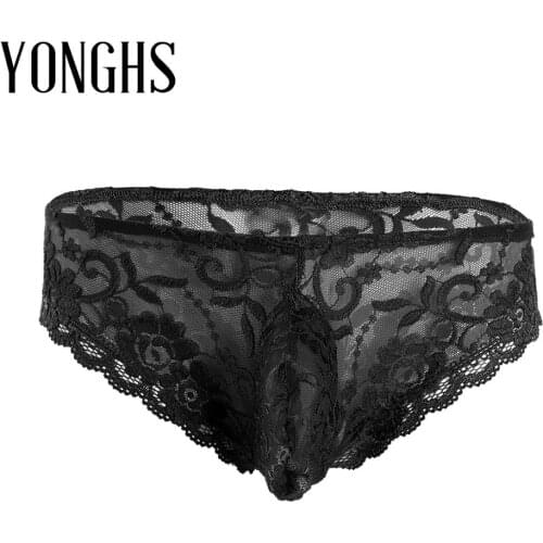 Men Lingerie Semi-see through Panties for Sex Lace Floral Bulge Pouch Low Rise Bikini Briefs Gay Homme Underwear Sexy Underpants