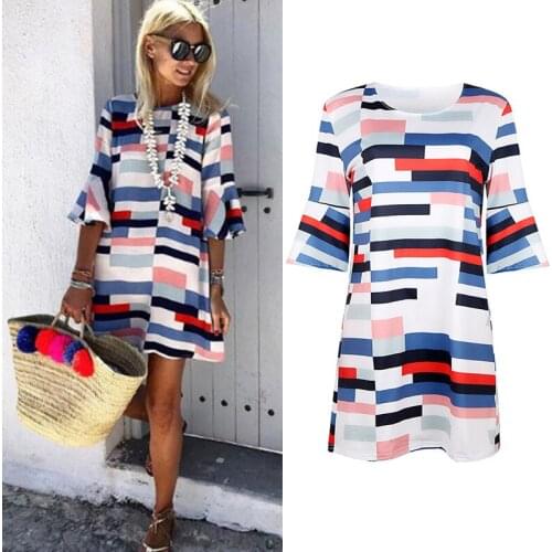 BONLAVIE New Round Neck Bell Sleeve Floral Printed Dress Three Quarter Sleeve Knee-Length Geometric Plaid Dress