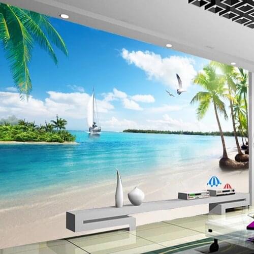 Custom 3D Mural Wallpaper Wall Painting Blue Sky White Clouds Beach Coconut Tree Landscape Living Room Background Photo Wall Art