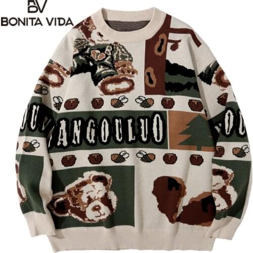 Bonita Vida Oversized Harajuku Spliced Mens Pullovers Knitwear Autumn Winter Hip Hop Loose Casual Sweater Fashion Streetwear