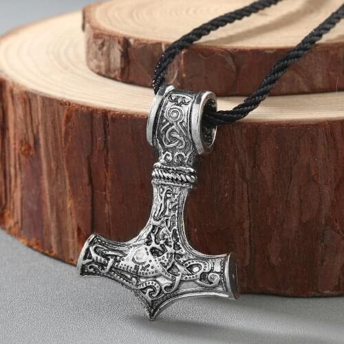 QIAMNI Vintage Men Jewelry Norse Viking Thors Hammer Knot Wolf Mjolnir Pendant Necklace Amulet Slavic Punk Accessories Chokers