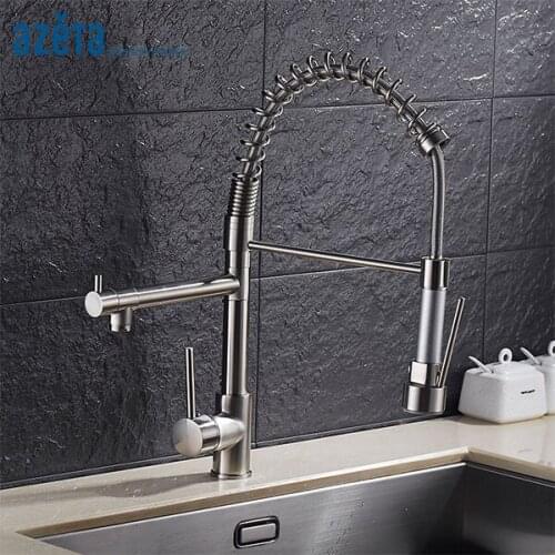 AZETA Brushed Nickel Kitchen Faucet Dual Spray Spout Kitchen Mixer Tap Deck Mounted Faucet Pull Down Kitchen Sinks Tap MK9844BN