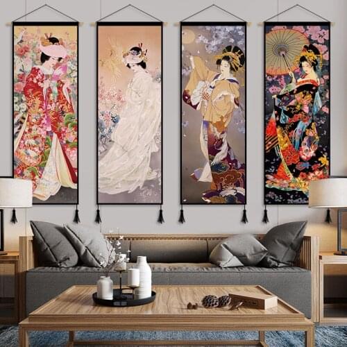 Japanese Ukiyoe Maid Canvas Painting Anime Art Poster Scroll Painting Hanger Print Pictures Wall Art for Living Room Decoration