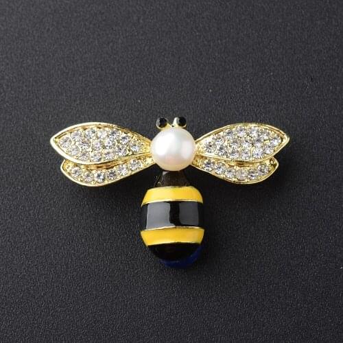 Pearl Gold Crystal Bee Brooch for Women Feather Pin Brooch