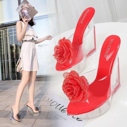 Wedge Heel Womens Shoes Flower Shallow Mouth Summer PVC Transparent High Heels Womens Sandals Fashion Waterproof Platform