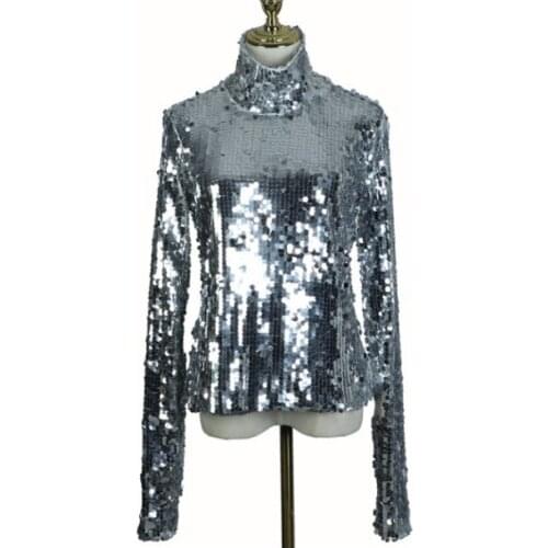 2021 New Spring Fashion Women Turtleneck Full Sleeves Sequins Slim T-shirt Femael Sliver Brling Top S-XXL