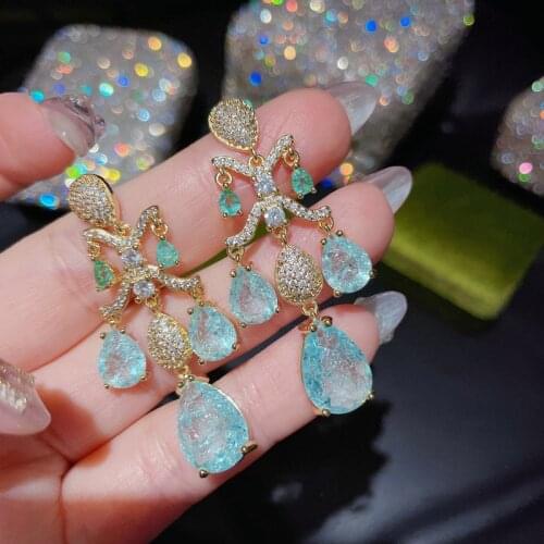 Gold Color 925 Sterling Silver Tassel Drop Stud Woman Pear Crystal Pendant Zircon Earrings Fine Jewelry For Valentines Day Gift