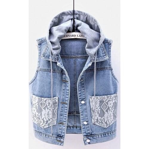 Plus Size Short Denim Vest Women Detachable Hooded Coat Lace Big Pocket 2021 Spring Sleeveless Jeans Jacket Female Cardigan 5XL